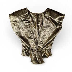 Vintage Rumours Gold Metallic Lame Flutter Sleeve Deep V Button Top Small